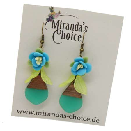 Turquoise & Flower - Wood & Acrylic - Earrings