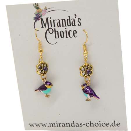 earrings with gold purple bird