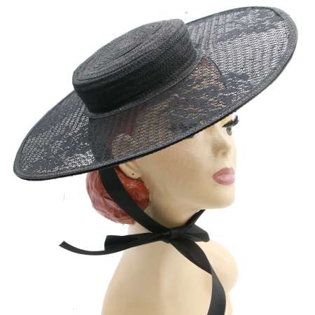 big black Hat with Wide Brim with lace