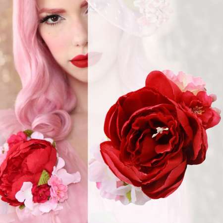 "Dafna" - Blumenbrosche in Rot und Rosa
