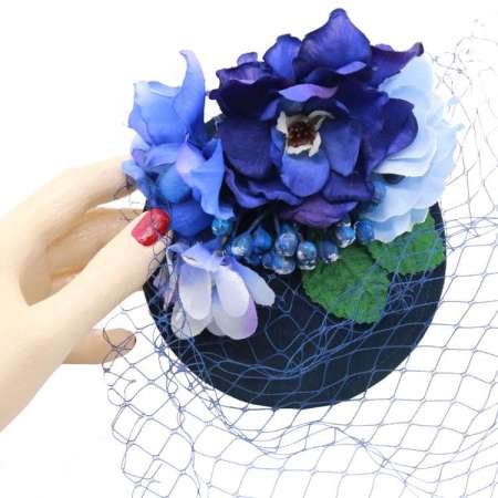 Fascinator with blue veil & blue flowers (birdcage)