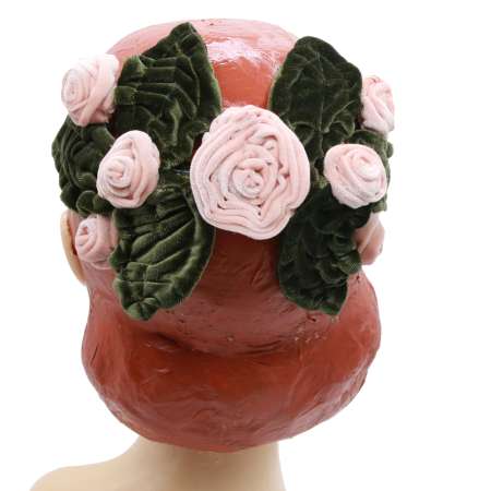 Bandeau hat with pink Velvet Flowers and Leaves (Vintage Bandeau Hat) 03