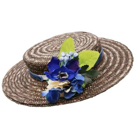 brown flat straw hat with blue flowers vintage