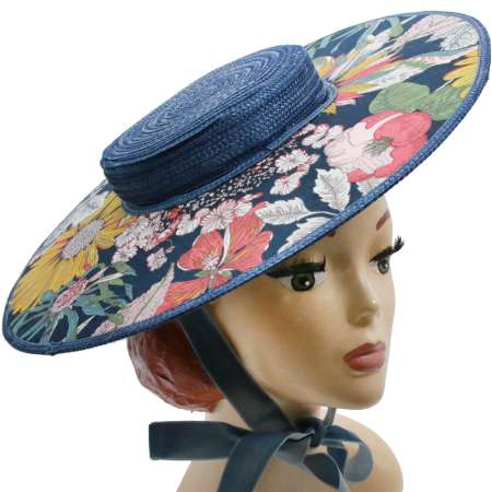 big blue Hat with Wide Brim with Flowers