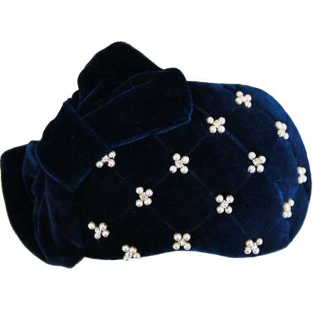 bandeau hat in blue vintage velvet bow rhinestones