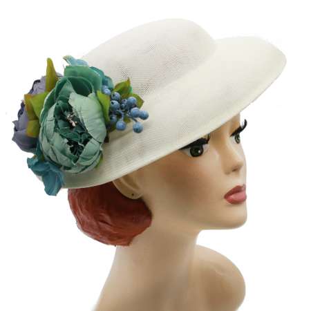 white vintage style hat petrol blue flowers
