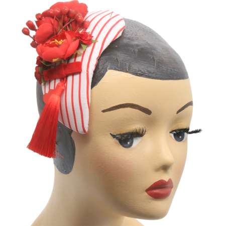 Red half hat with flowers, tassel, berries