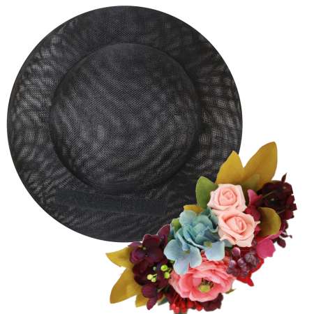 Schwarzer Hut mit bunten Ansteckblumen - petrol, rosa, lila