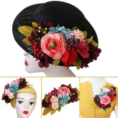 blach vintage hat mixed flowers