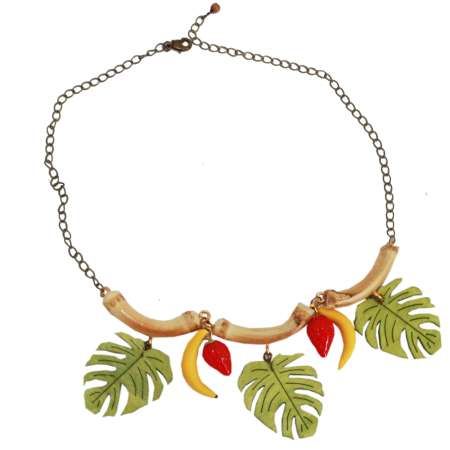 Tiki Necklace with Bamboo, Fruits & Monstera Leaves