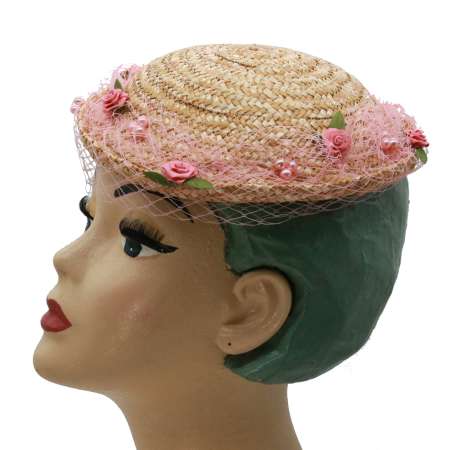 Straw hat small bowler with net & pink flowers