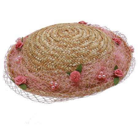 Round straw hat with net and flowers in shades of pink
