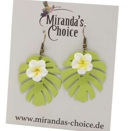 monstera leaf green frangipani earrings