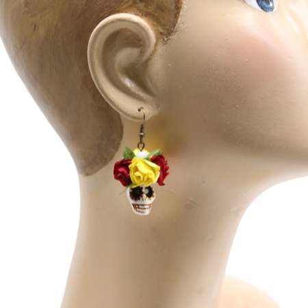 Head with Sugar Skull with Red Flower - mexican Earrings