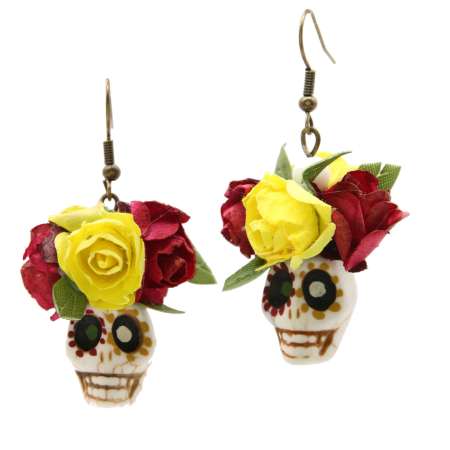 Sugar Skull with Red yellow Flower -