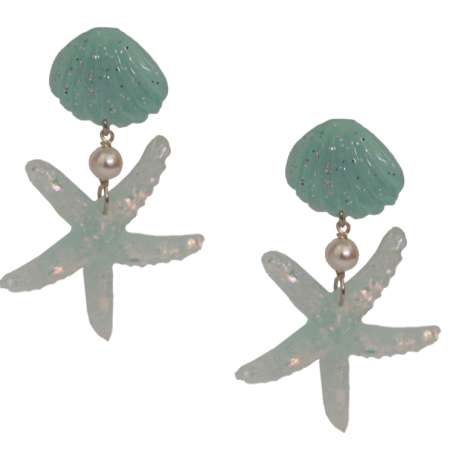 Light blue Starfish & Shell - Rockabilly earrings with glitter