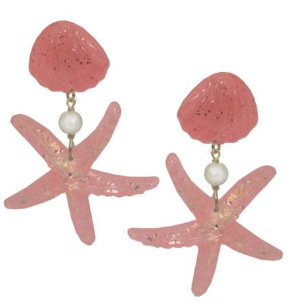 Pink Starfish & Shell - Rockabilly earrings with glitter