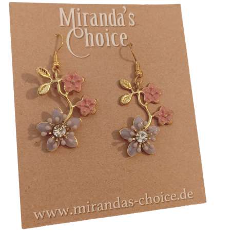 Beautiful enamel flower earrings in lilac & gold with a vintage look