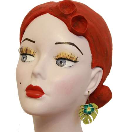 Kopf mit Dunkelgrüne Frangipani mit Monstera-Blatt - Ohrring