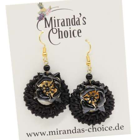 Earrings with black rattan ring and black flower