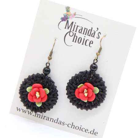 earrings rattan black red flower