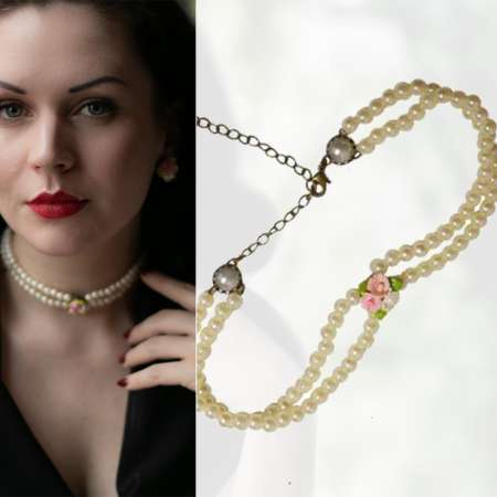 Madame Rhos: Two row pearl necklace with flower