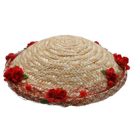 Strohhut kleiner Bowler Hut mit Netz und roten Blumen