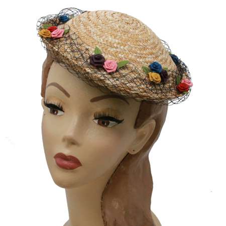 round straw hat vintage with colorful flowers