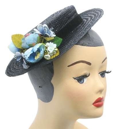 black straw hat blue flowers