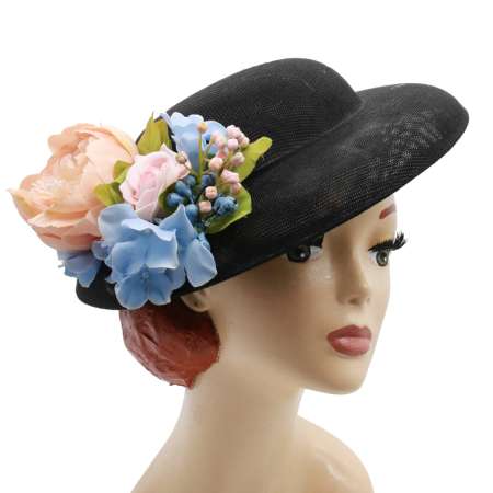 Schwarzer Hut mit rosa-hellblauer Ansteckblume zum Wechseln