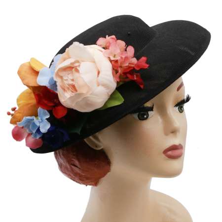 big hat black colourful corsage flower vintage rockabilly