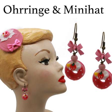 Set pink donut Mini-Fascinator & Ohrringe