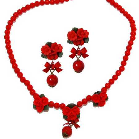 Red roses and pearl - vintage style earrings & necklace
