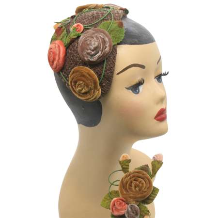 Brown half hat with flowers - big fascinator in vintage look