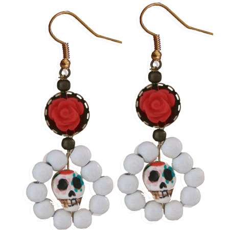 Sugar Skull with Red Flower - Rockabilly Earrings