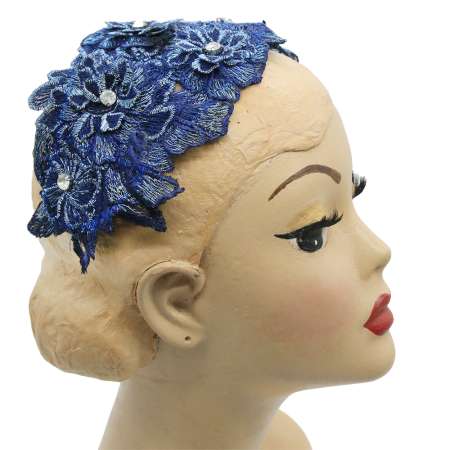 Elegant vintage half hat in blue lace with rhinestone