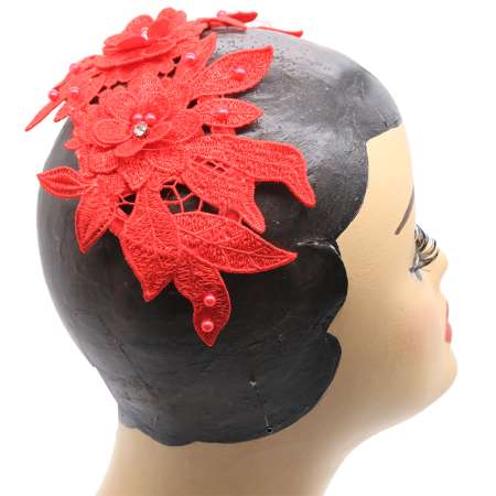 Elegant vintage half hat in red lace with rhinestone