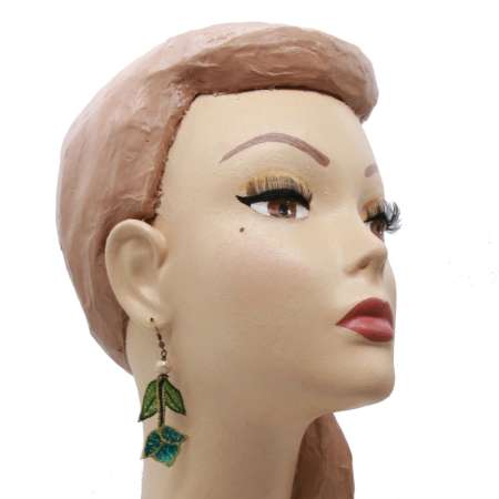 Head with Blue Green Earrings with Embroidered Flowers