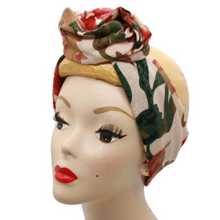 dressed, as a knot: Turban hairband with red flowers