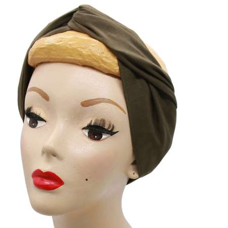 dressed, flat tied: Olive green turban hair band with wire