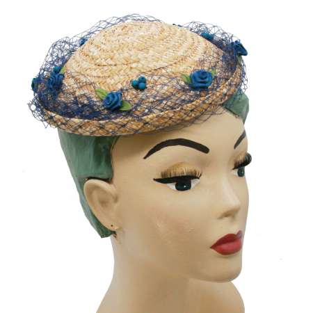 vintage straw hat round blue flowers