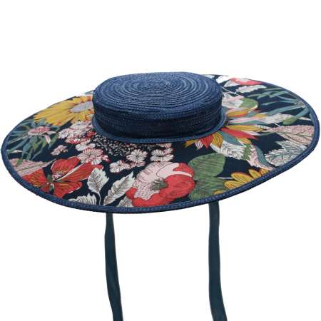 Cartwheel hat blue vintage  flowers vintage 02