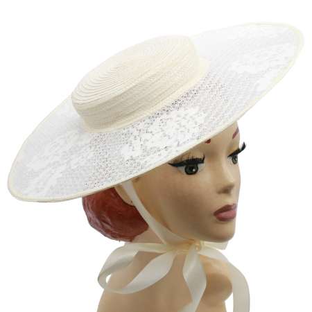 big white Cartwheel Hat with Wide Brim with lace