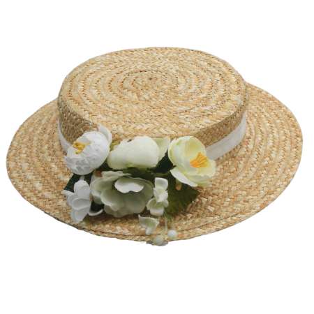 Flat straw hat & white flower corsage - Vintage Style Canotier Hat & white flowers