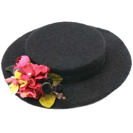 Kleiner Hut aus Wollstoff in schwarz mit kleinen Blumen im Vintage Look