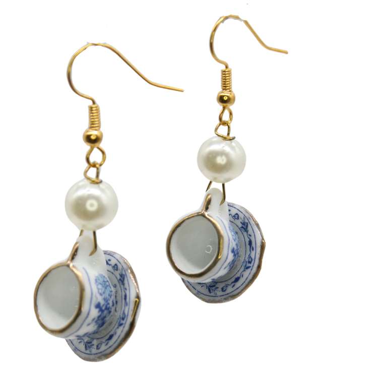 blue white Earrings with small porcelain cups