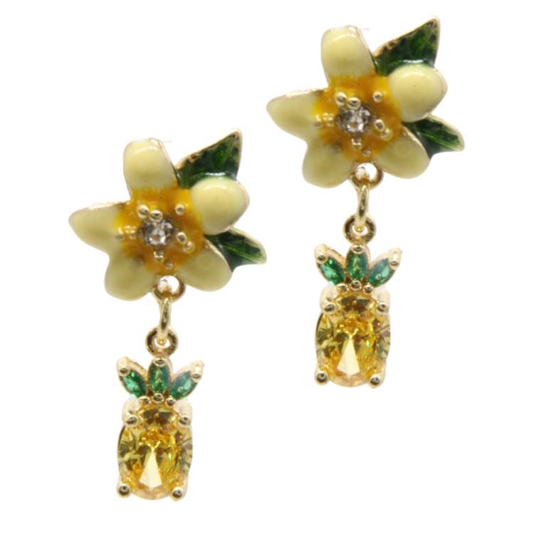 Emaillierte Ohrringe mit funkelnder Ananas und Blume