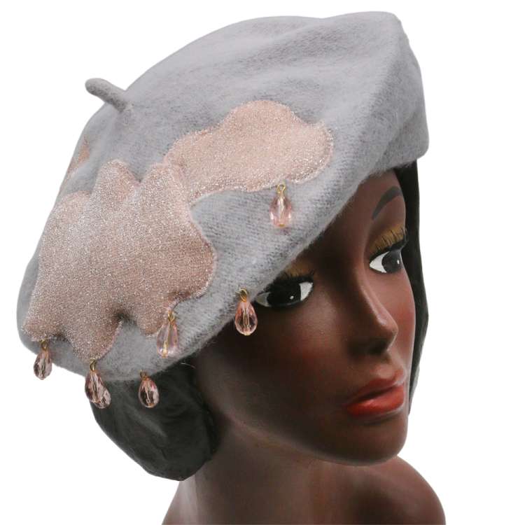 beret grey brown embroided beads glitter cloud