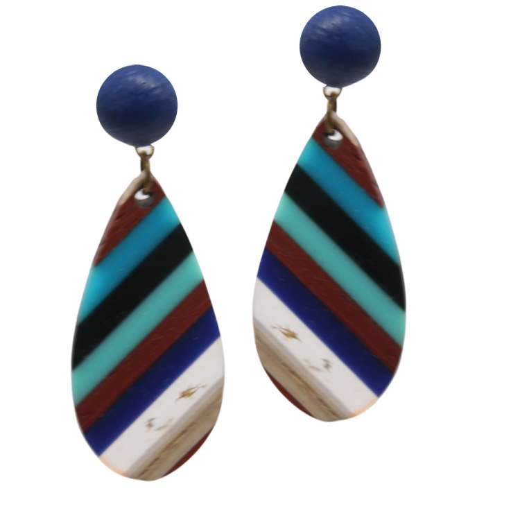 Wood & Acrylic Pendant Stud Earrings - blue stripes