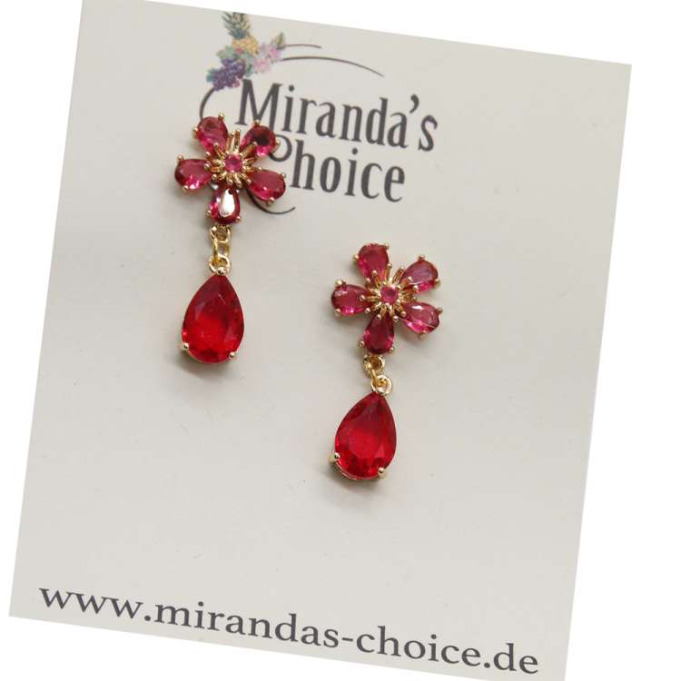 Filigree sparkling flower earrings with rhinestone in red gold
